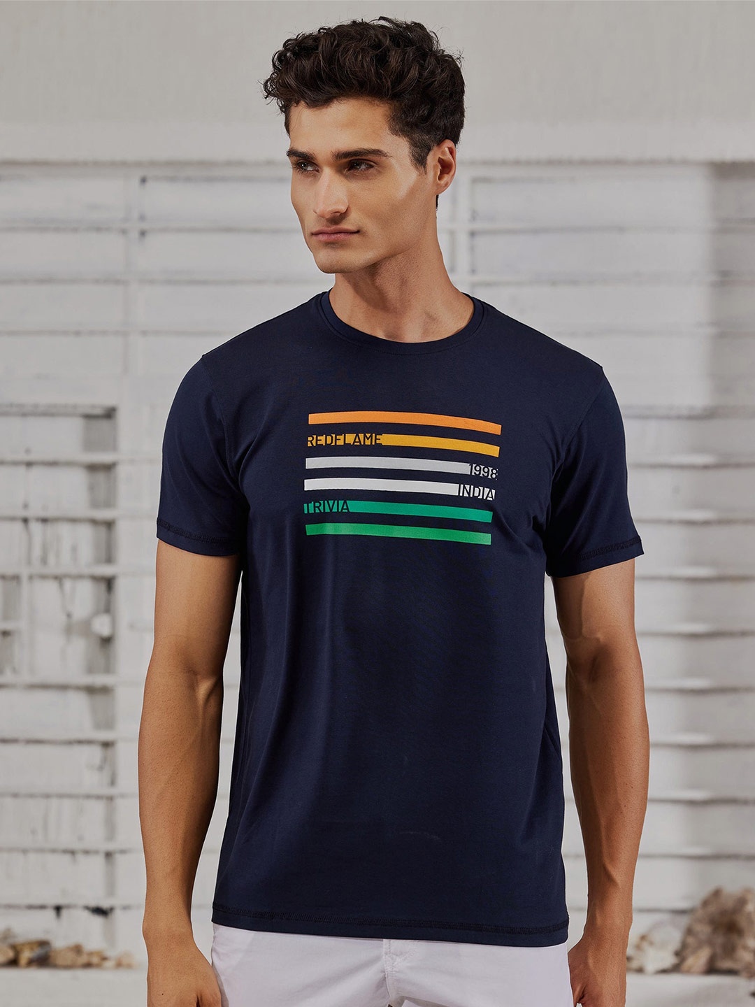 

Red Flame Regular Fit Typography Printed Cotton Casual T-shirt, Navy blue
