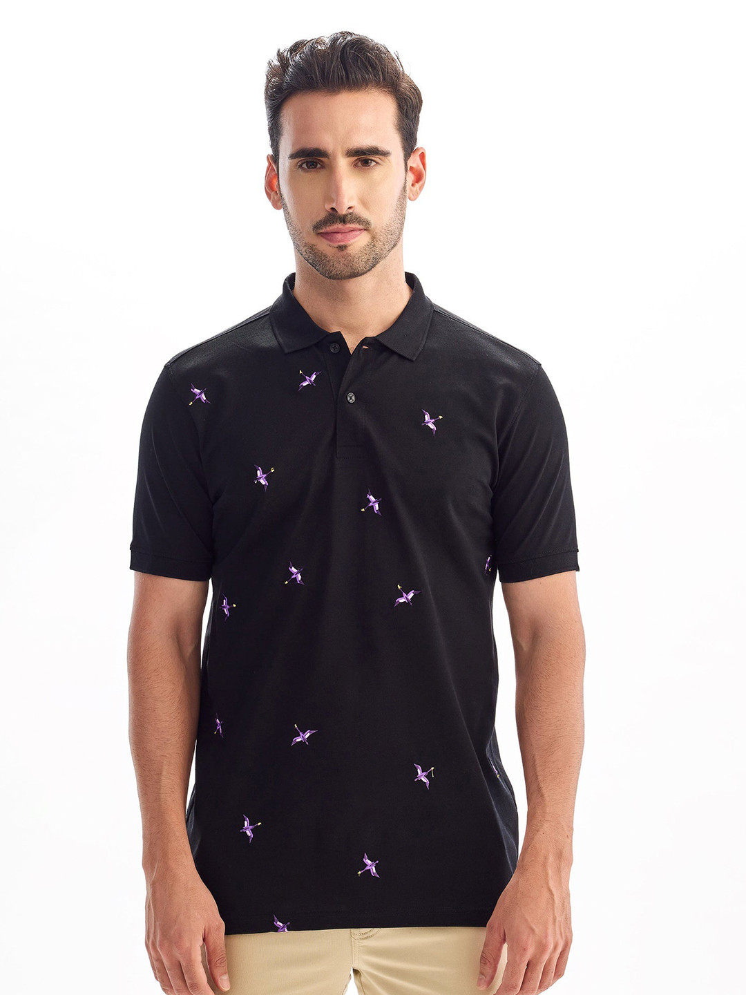 

Red Flame Men Printed Polo Collar T-shirt, Black