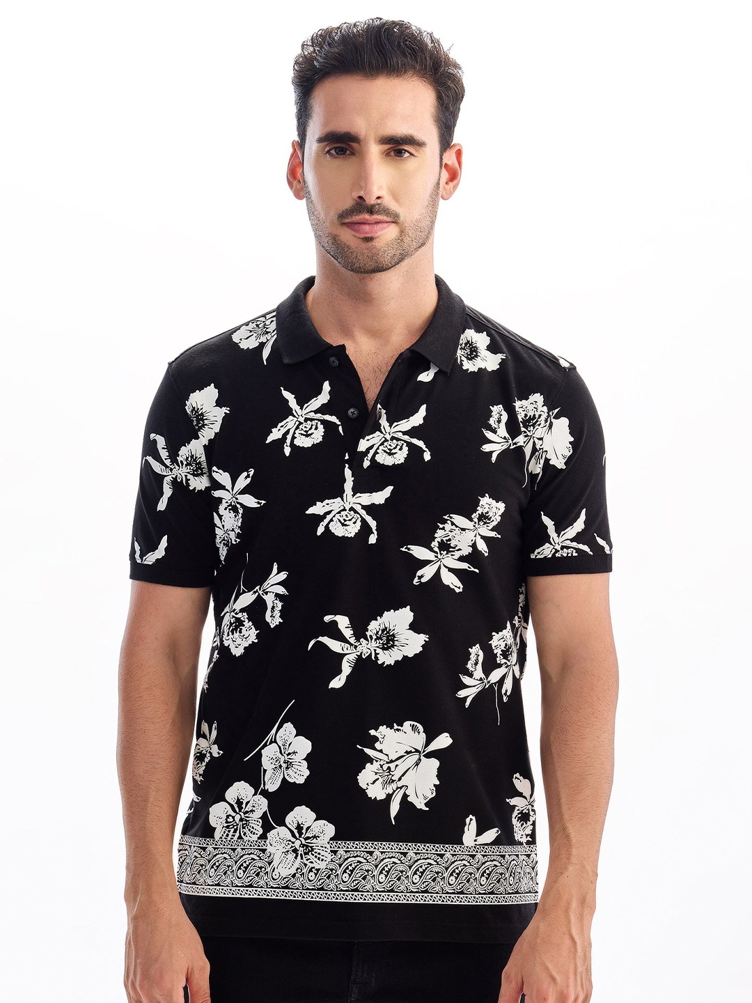 

Red Flame Men Printed Polo Collar T-shirt, Black