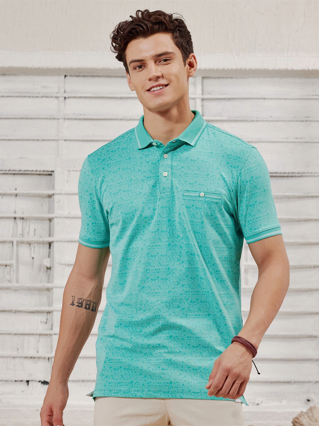 

Red Flame Men Striped Polo Collar Pockets T-shirt, Green