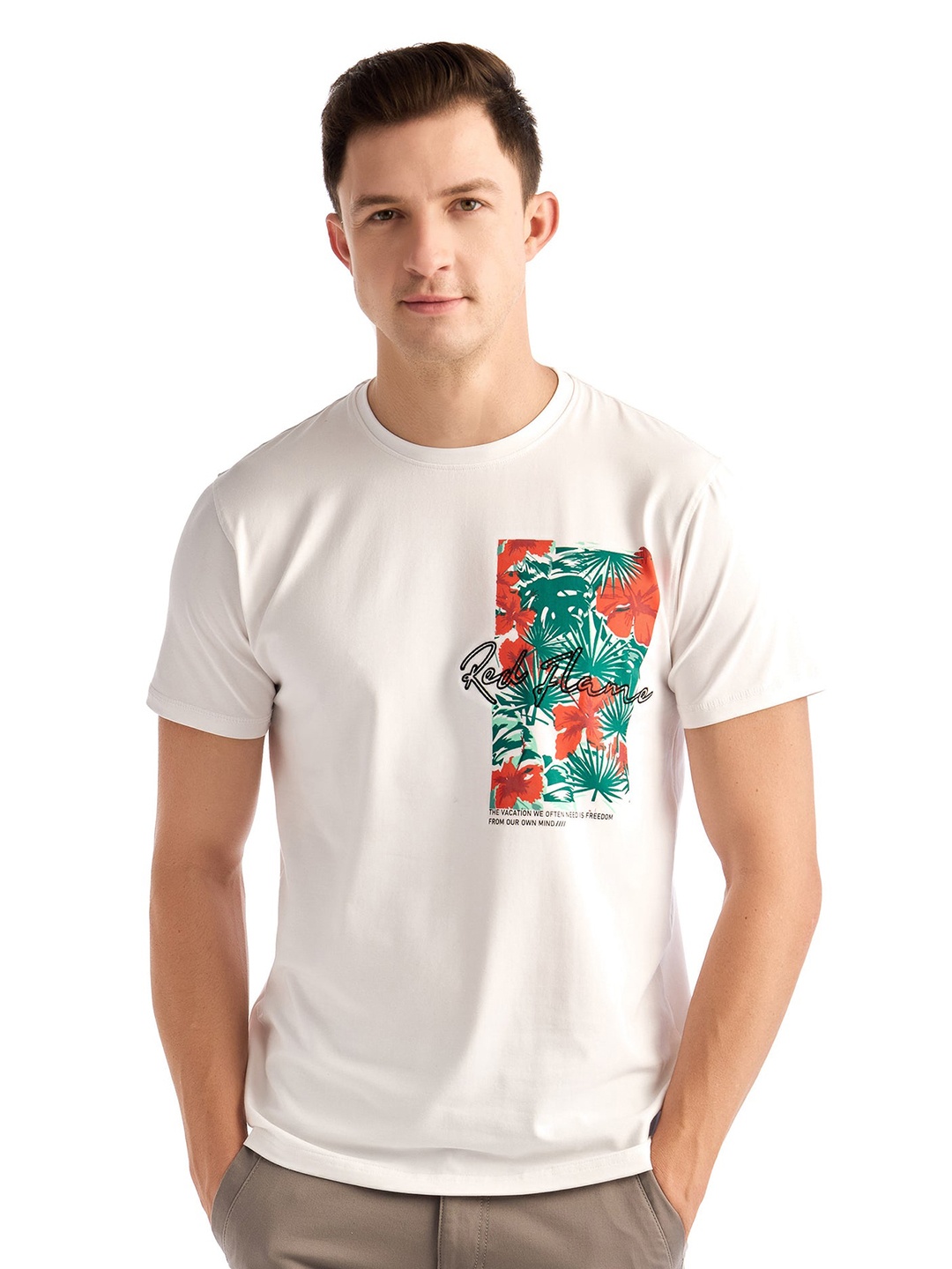 

Red Flame Men Typography Printed Pockets T-shirt, White