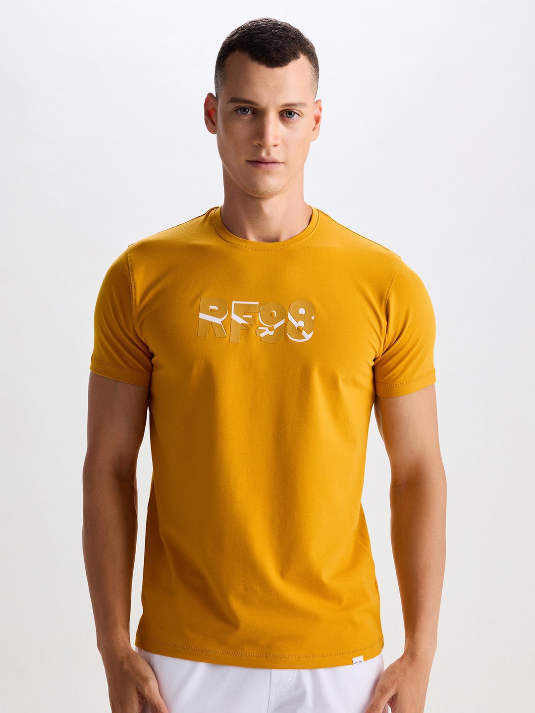 Red Flame Men Typography Printed Applique T-shirt, Yellow
