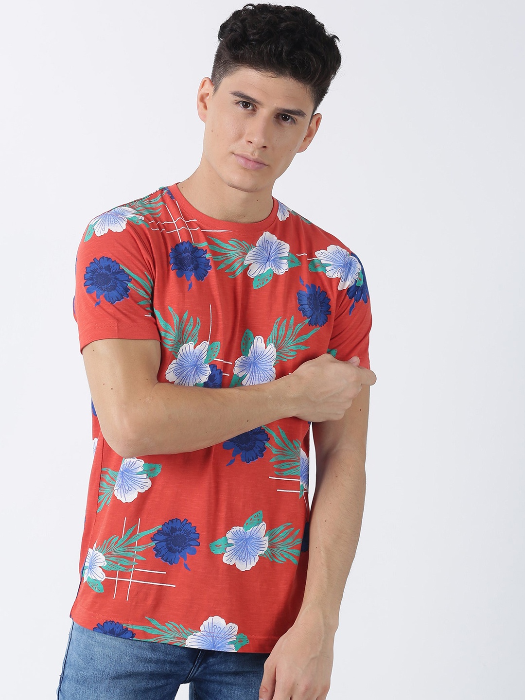 

Red Flame Regular Fit Floral Printed Cotton Casual T-shirt, Orange