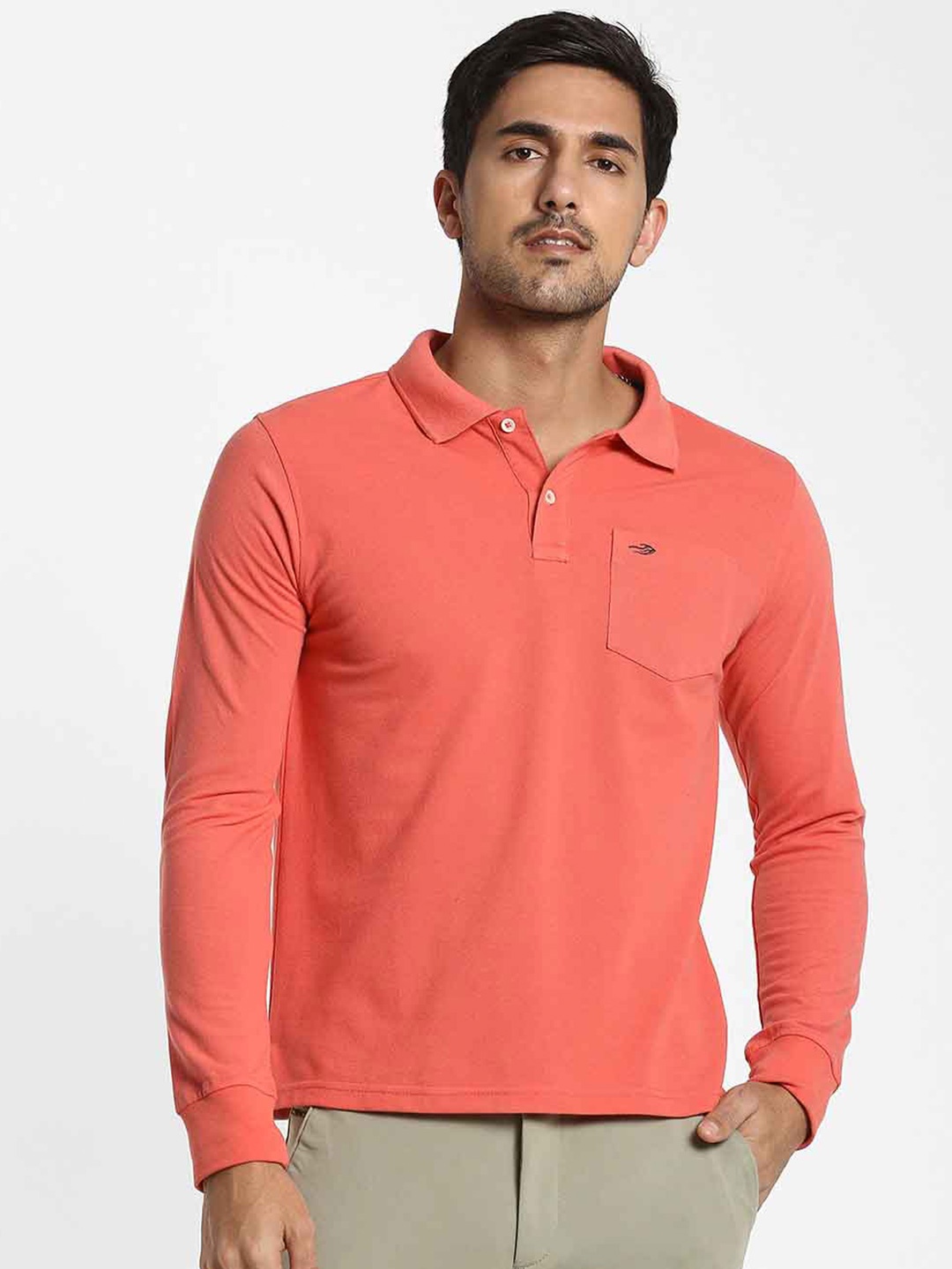 

Red Flame Polo Collar Long Sleeves Regular Fit Pockets Cotton Casual T-shirt, Orange