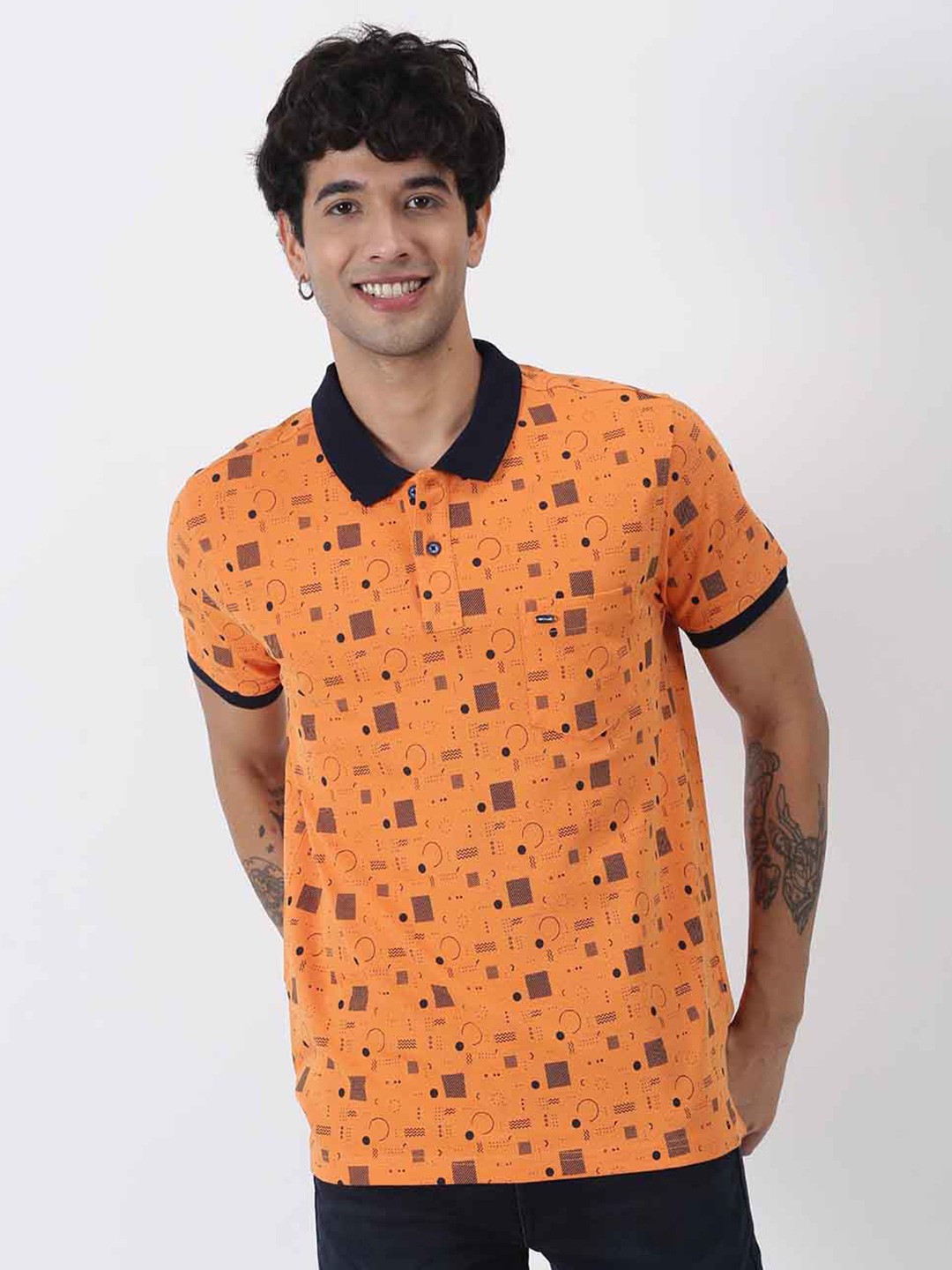 

Red Flame Abstract Printed Polo Collar Short Sleeves Pockets Cotton Casual T-shirt, Orange