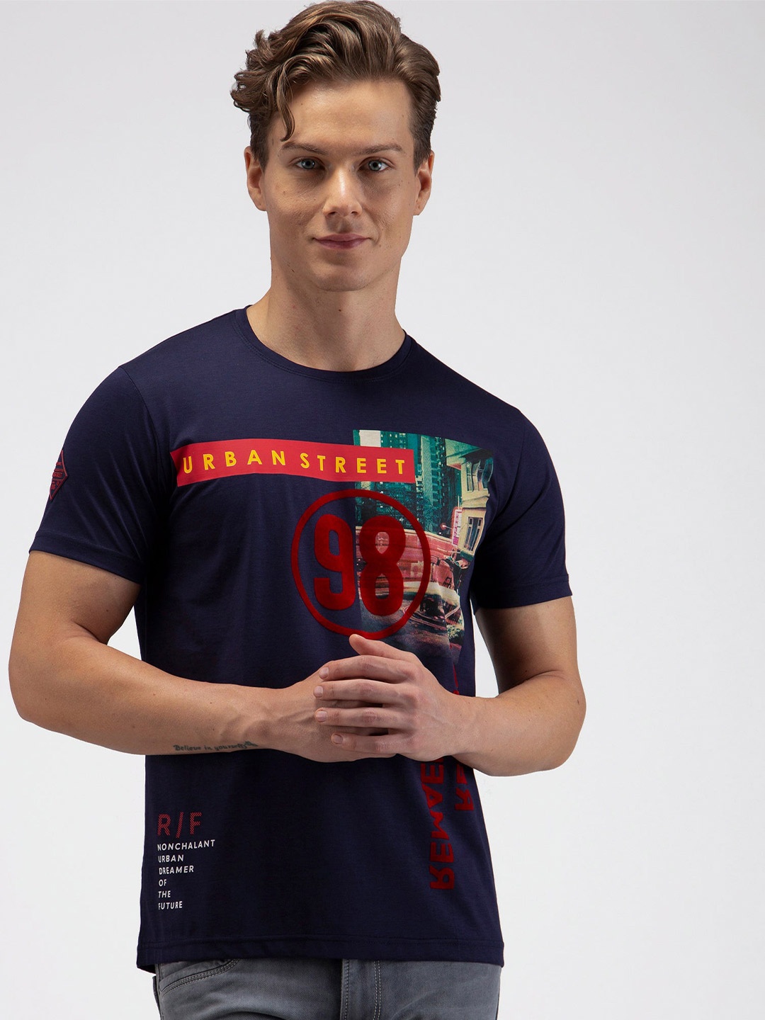 

Red Flame Graphic Printed Round Neck T-shirt, Blue