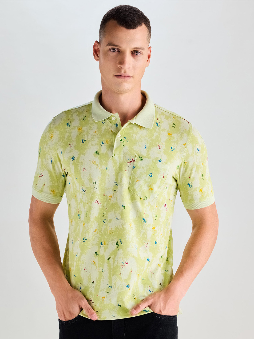 

Red Flame Men Floral Printed Polo Collar T-shirt, Green