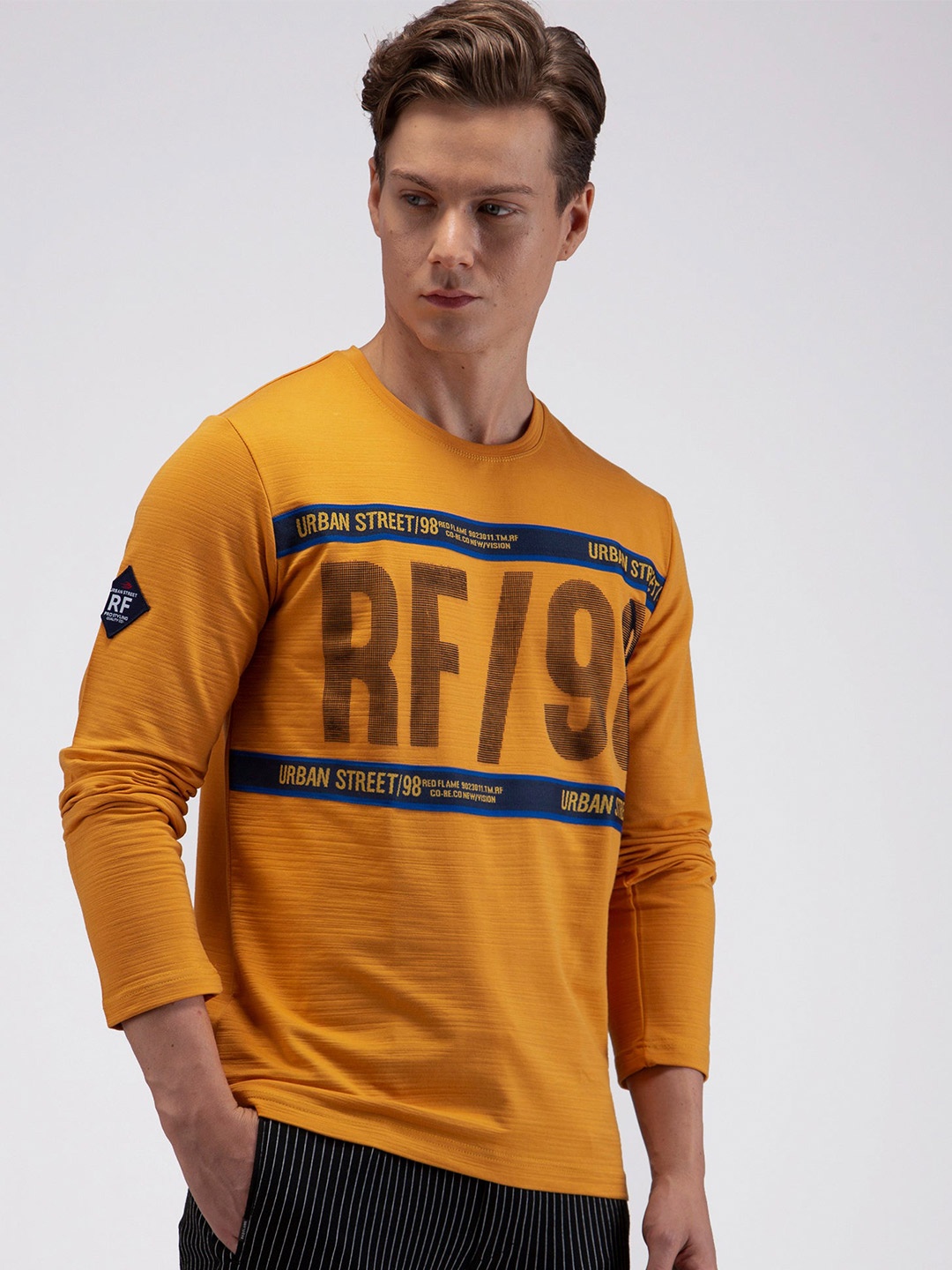 

Red Flame Typography Printed T-shirt, Yellow
