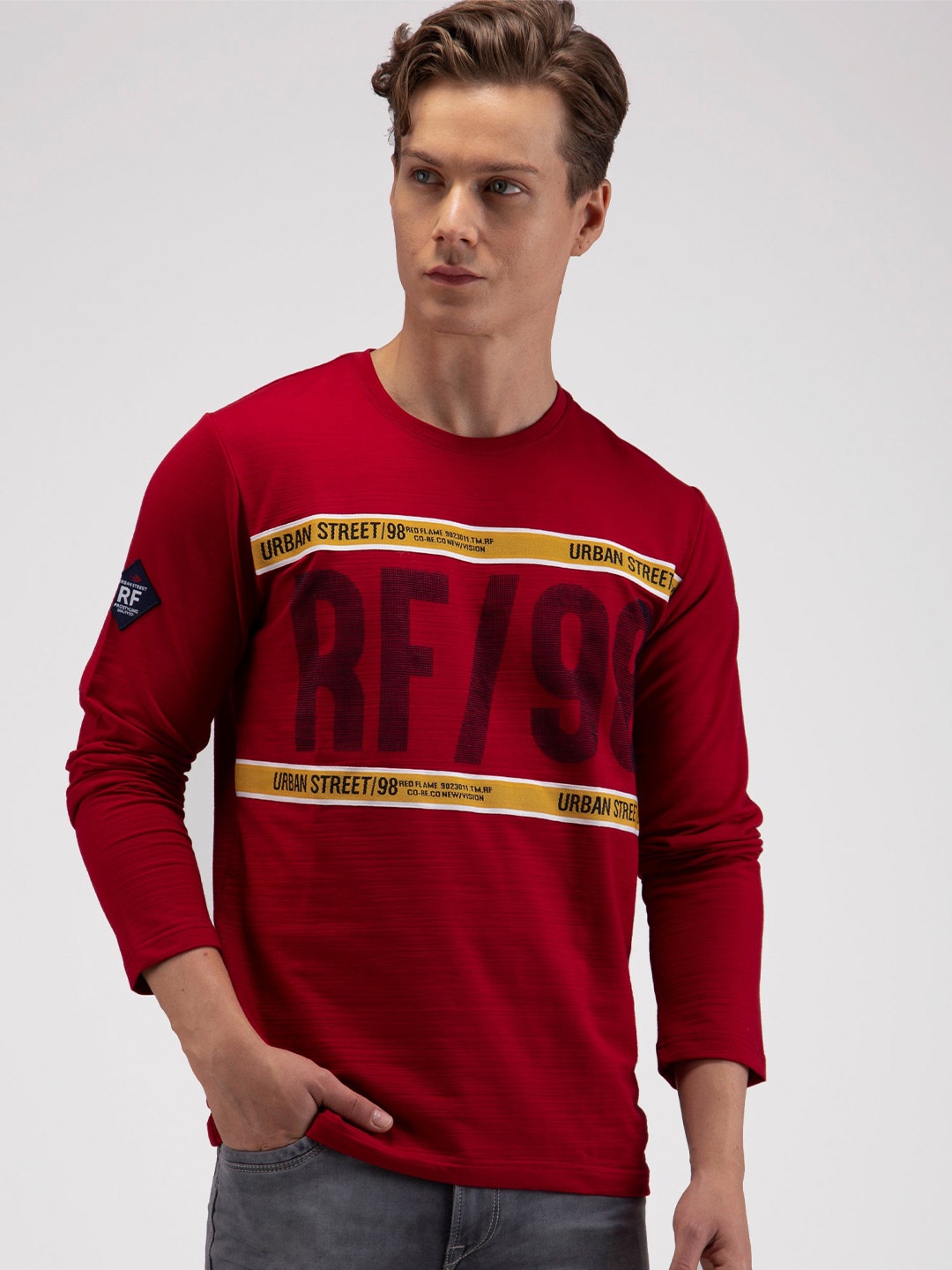 

Red Flame Typography Printed Round Neck Applique T-shirt