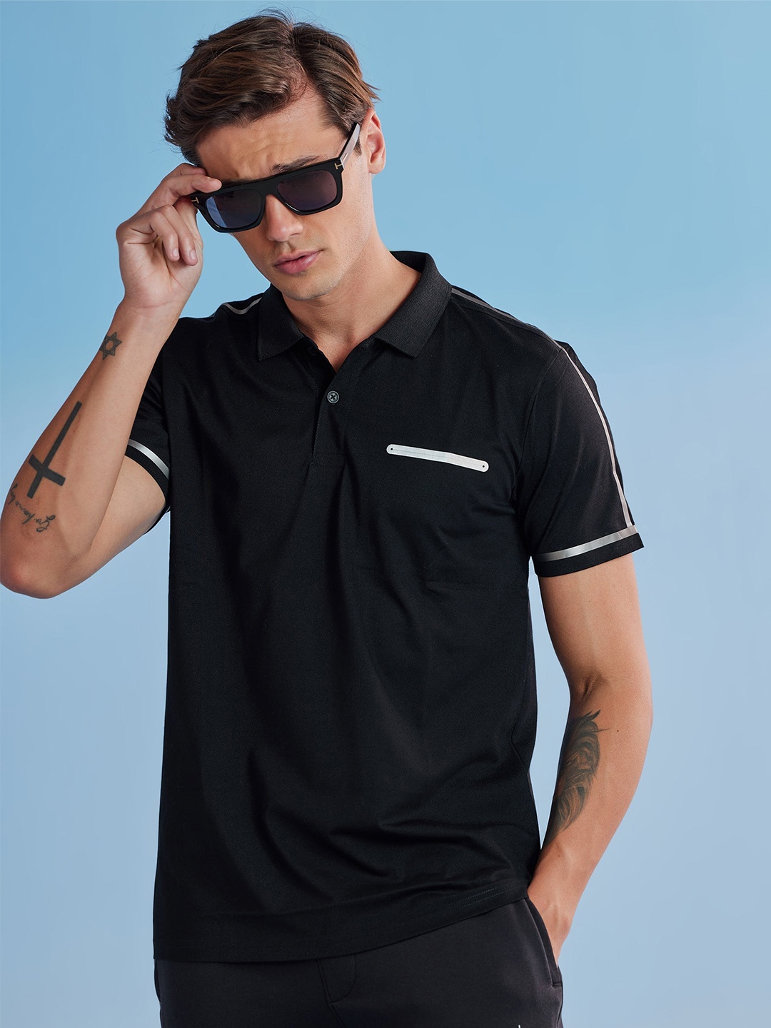 

Red Flame Men Polo Collar Pockets T-shirt, Black
