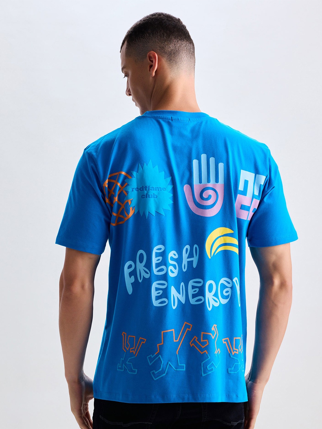 

Red Flame Men Typography Printed Applique T-shirt, Blue