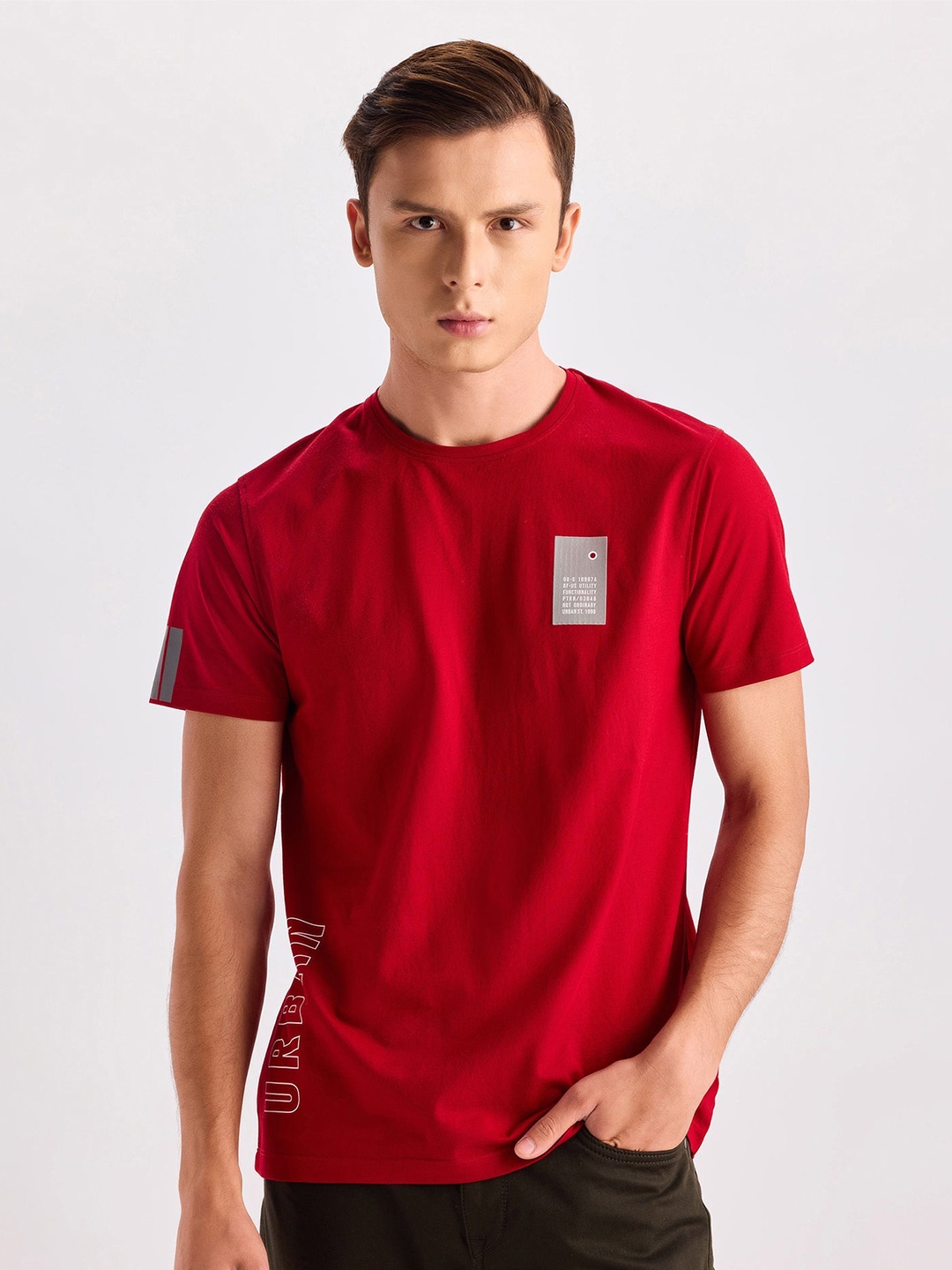 

Red Flame Men Typography V-Neck Applique T-shirt
