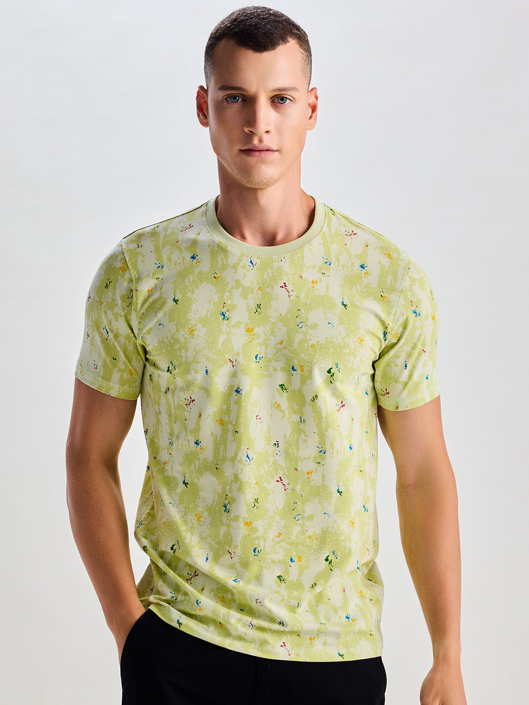 

Red Flame Round Neck Printed Cotton T-shirt, Lime green