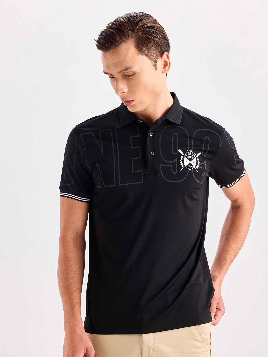

Red Flame Men Typography Printed Polo Collar T-shirt, Black