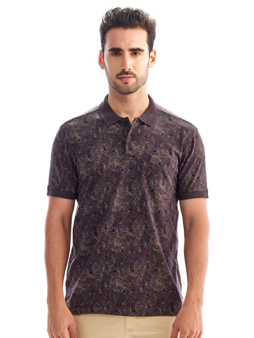 

Red Flame Men Typography Printed Mandarin Collar Pockets T-shirt, Brown