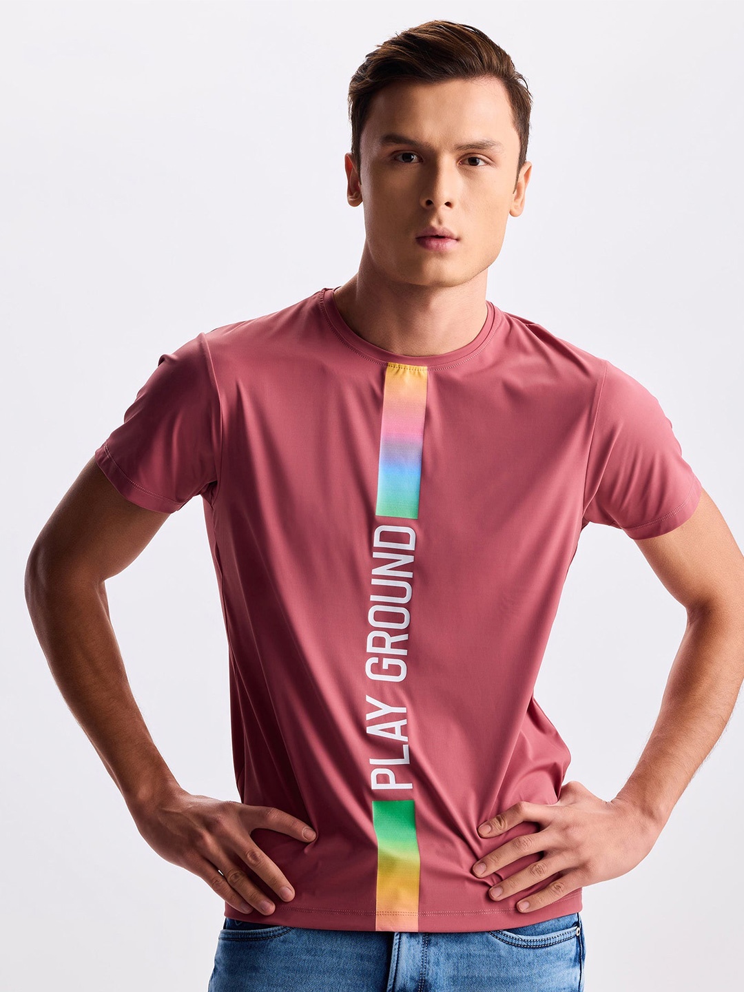 

Red Flame Men Typography Printed Pockets T-shirt, Pink