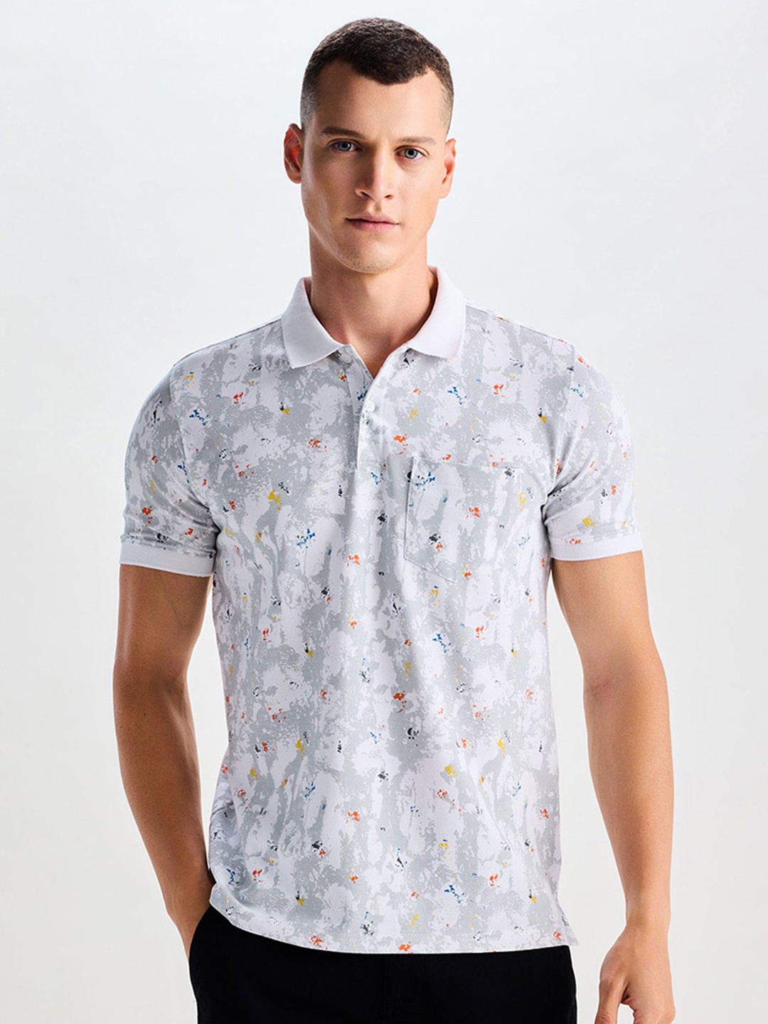 

Red Flame Printed Polo Collar Pockets Cotton T-shirt, White