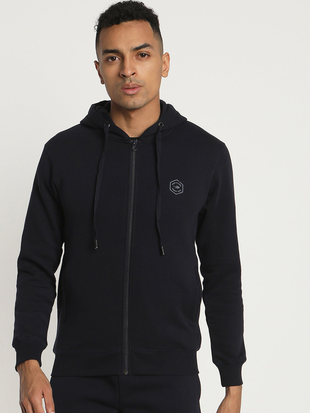 

Red Flame Hooded Front Open Sweatshirt, Navy blue