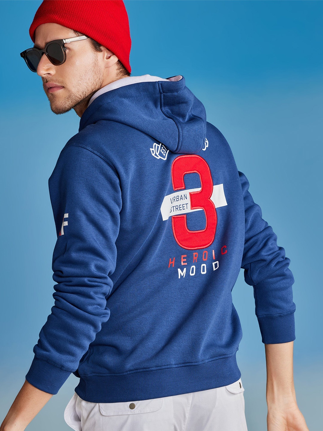 

Red Flame Men Printed Hooded Sweatshirt, Blue