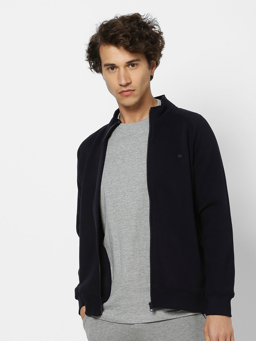 

Red Flame High Neck Front Open Sweatshirt, Navy blue