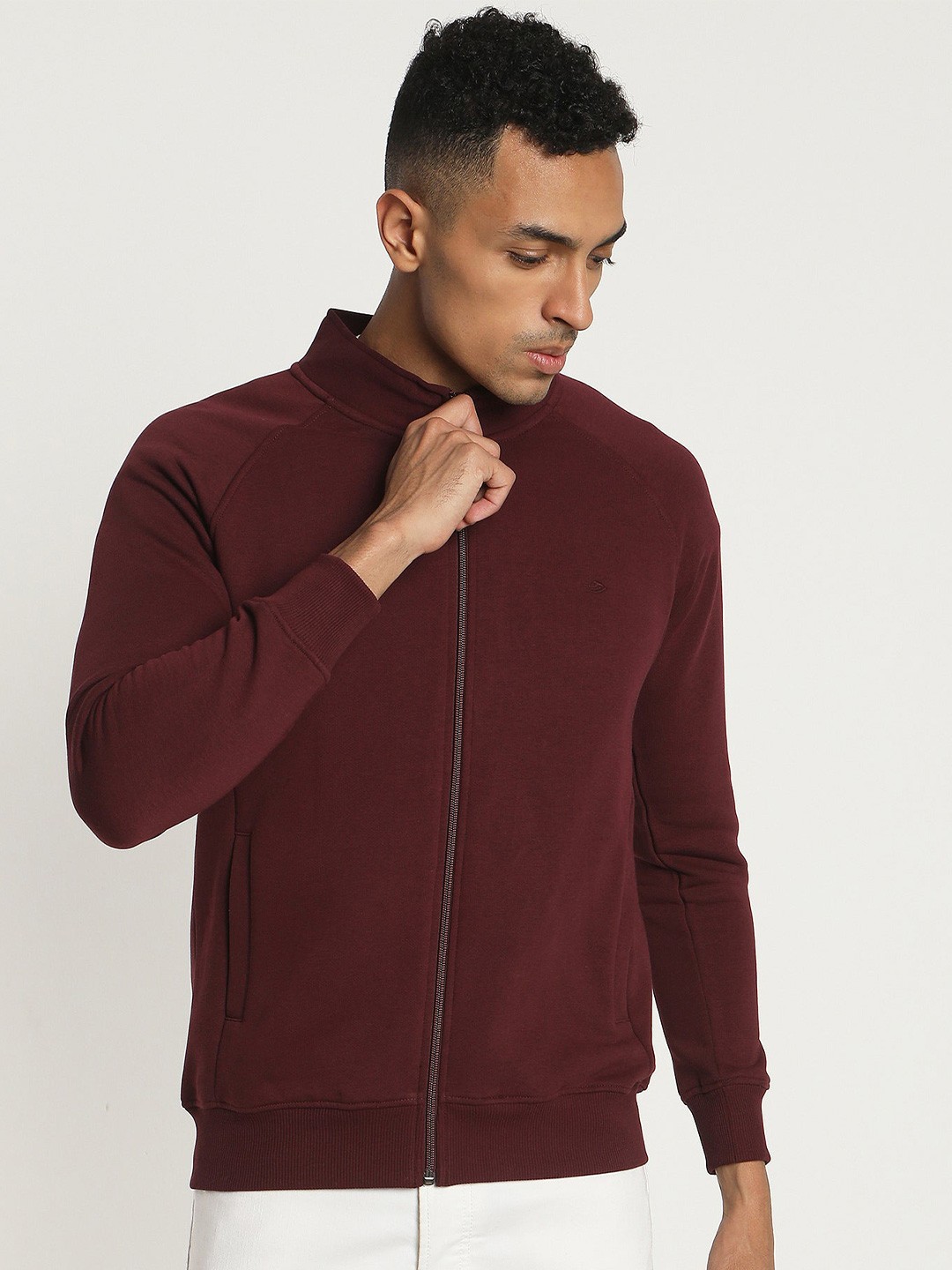 

Red Flame Mock Collar Front-Open Sweatshirt, Maroon