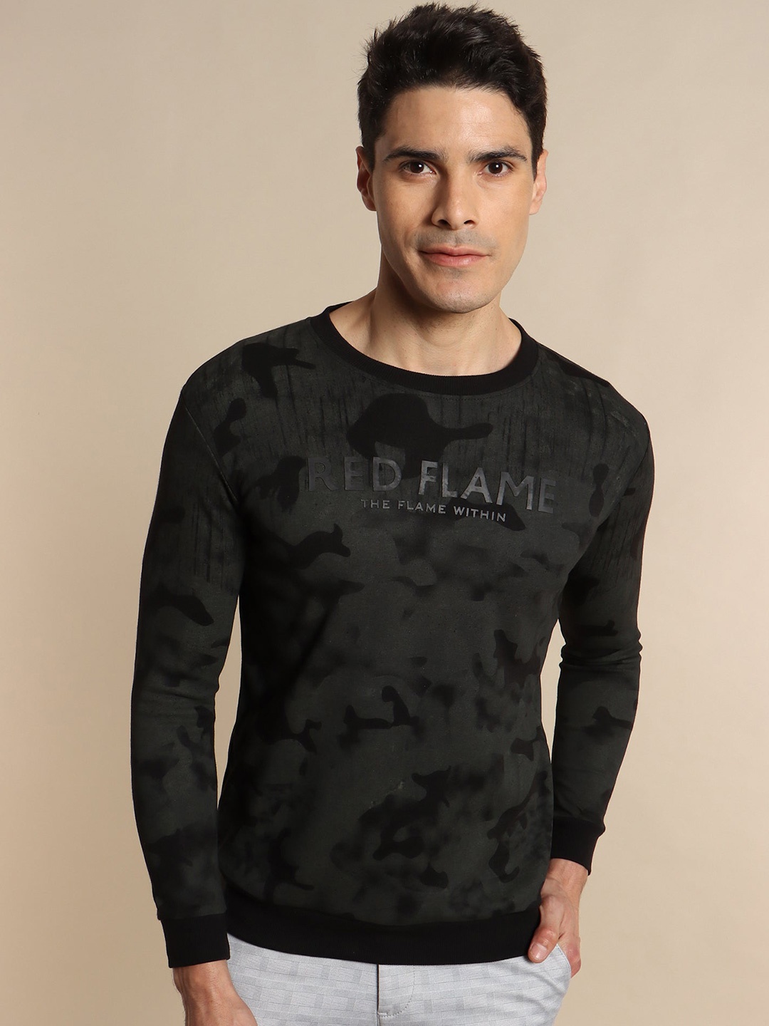 

Red Flame Abstract Printed Round Neck Cotton Pullover Sweatshirt, Black