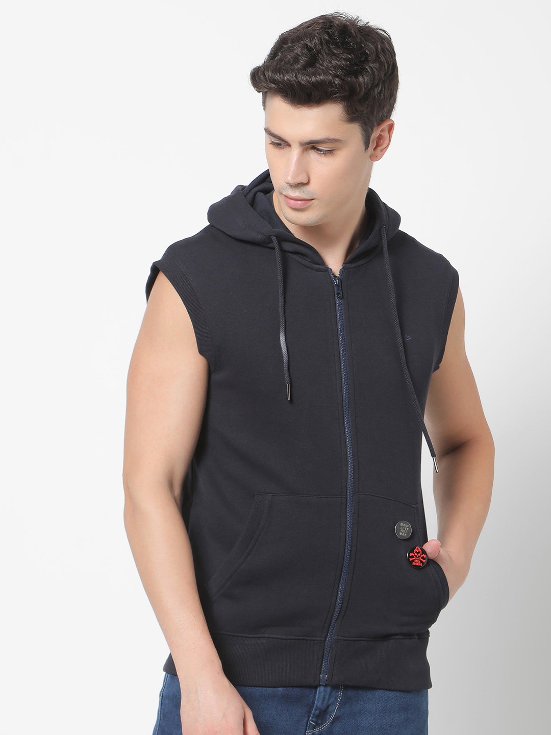 

Red Flame Hooded Sleeveless Front-Open Sweatshirt, Navy blue