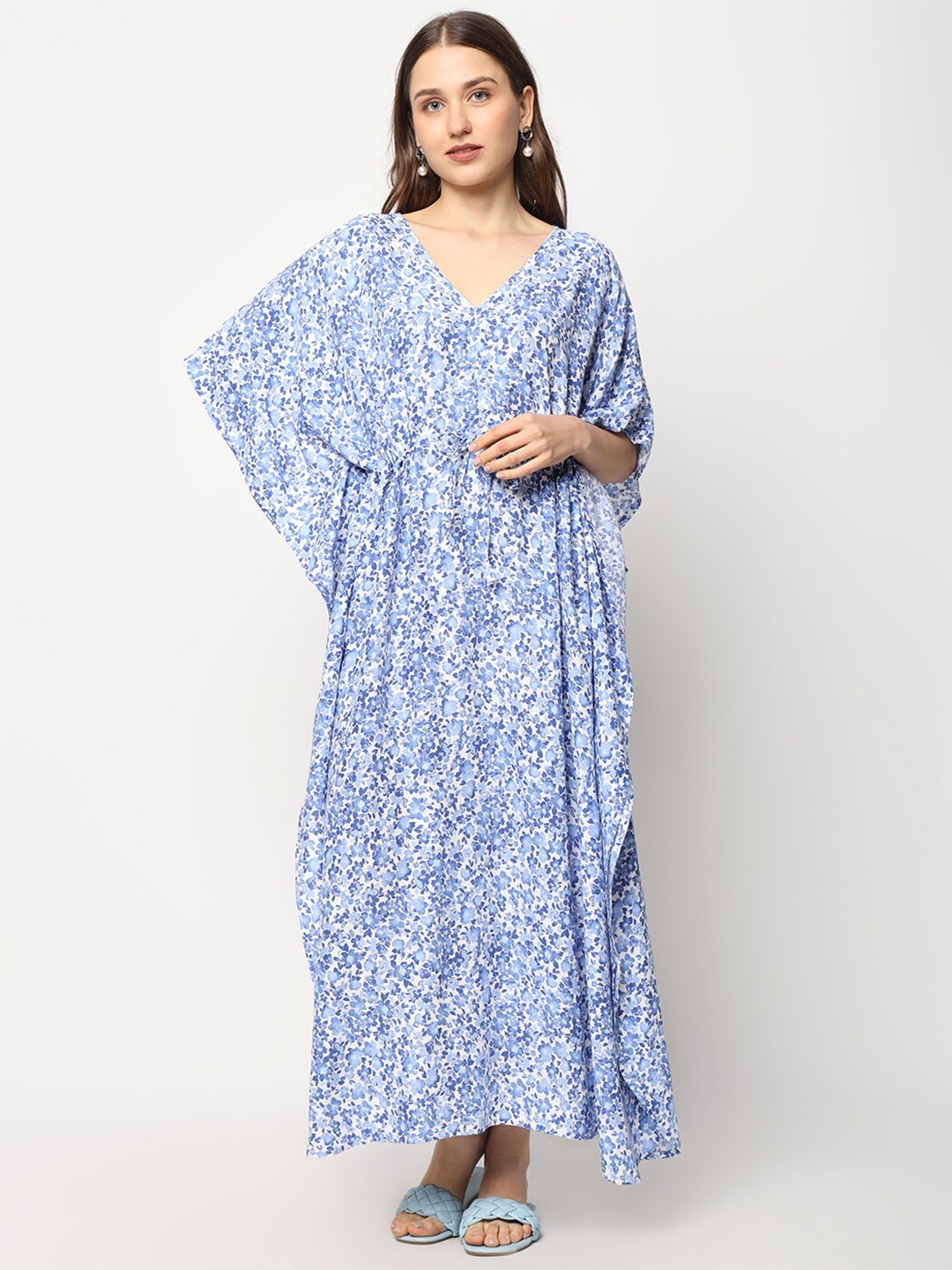 

CRAFTBAZAR Floral Printed Kimono Sleeve Maternity Kaftan Maxi Dress, Blue