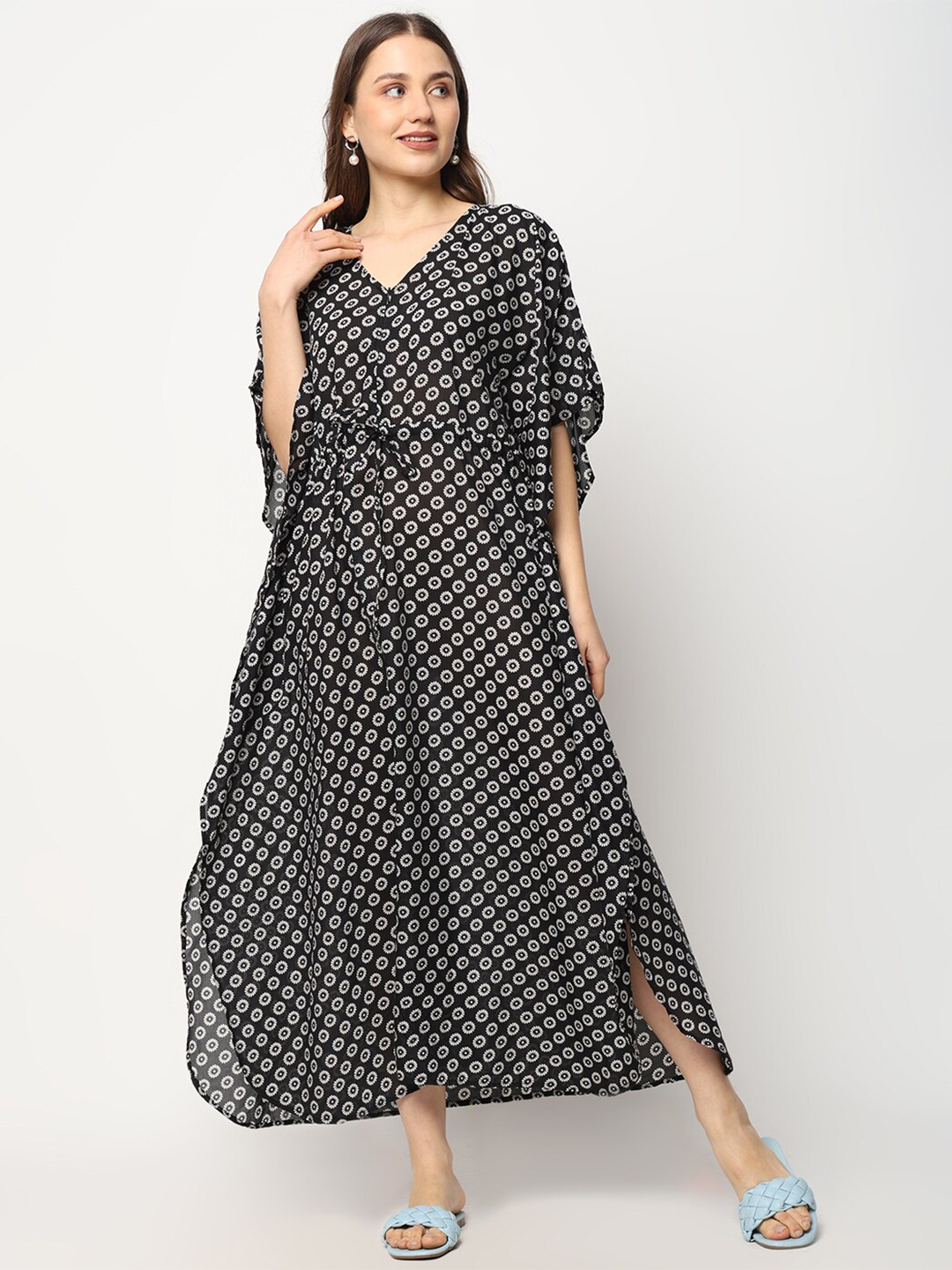 

CRAFTBAZAR Floral Printed Slit Sleeve Maternity Kaftan Maxi Dress, Black