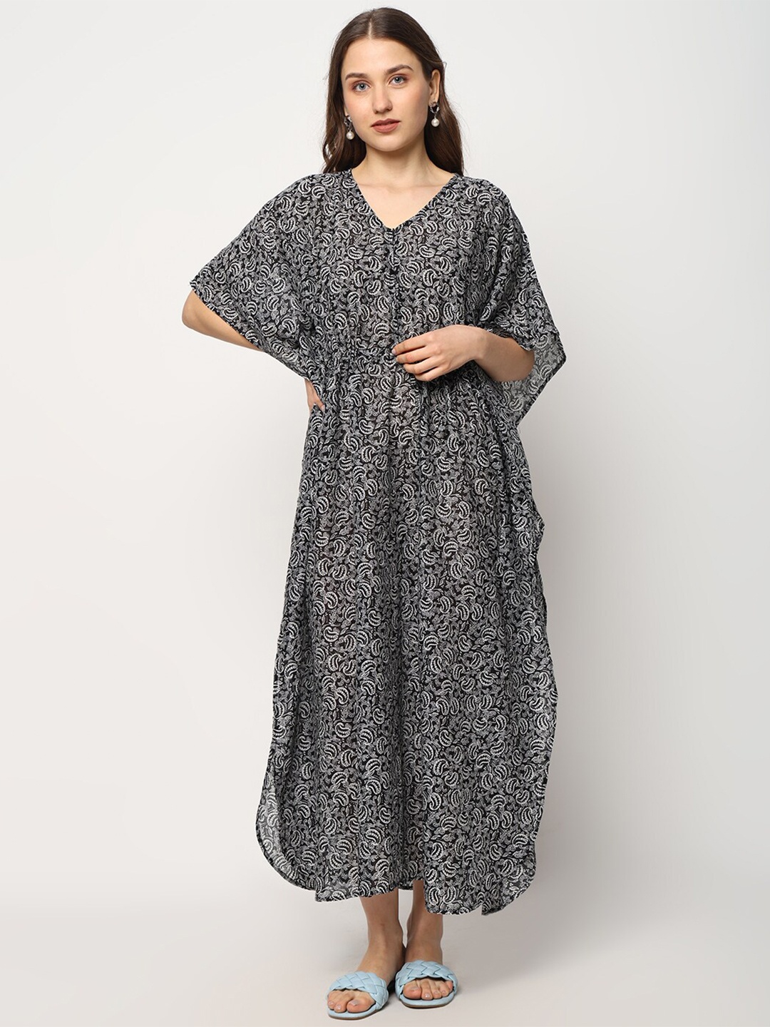 

CRAFTBAZAR Floral Printed Kimono Sleeve Cotton Maternity Maxi Dress, Black