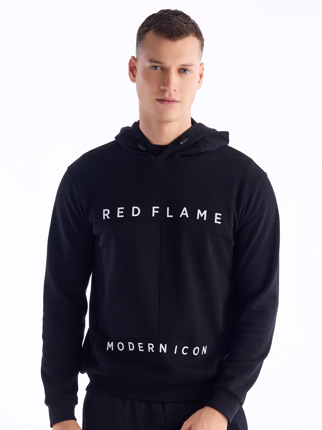 

Red Flame Men Printed Hooded Sweatshirt, Black