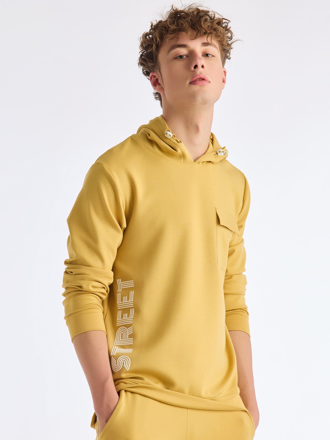 

Red Flame Typography Printed Hooded Pullover Sweatshirt, Yellow