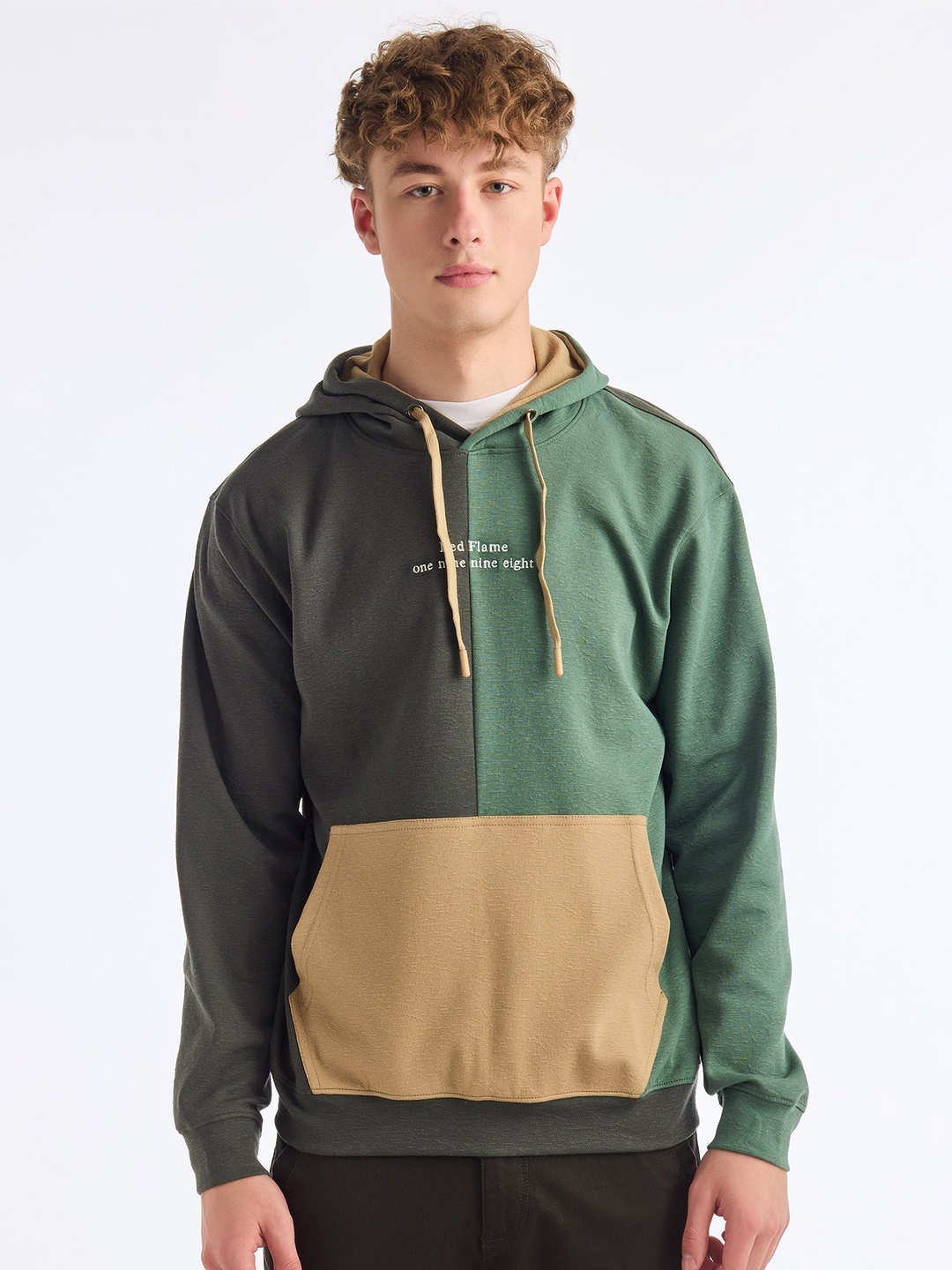 

Red Flame Men Colourblocked Hooded Sweatshirt, Green