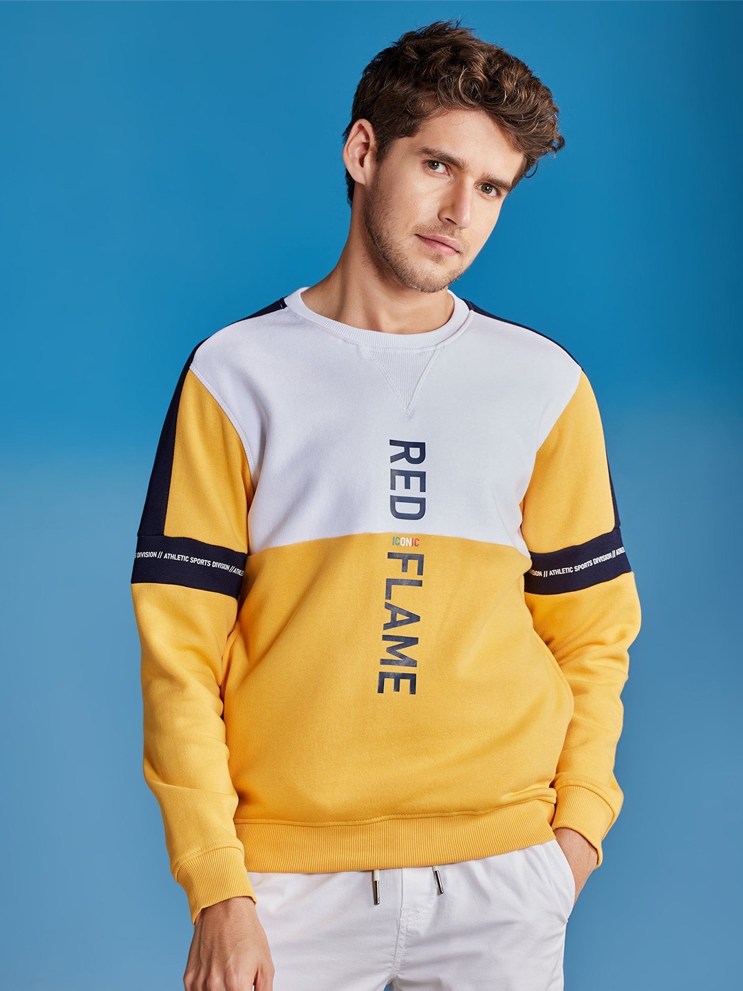 

Red Flame Men Colourblocked Sweatshirt, Yellow