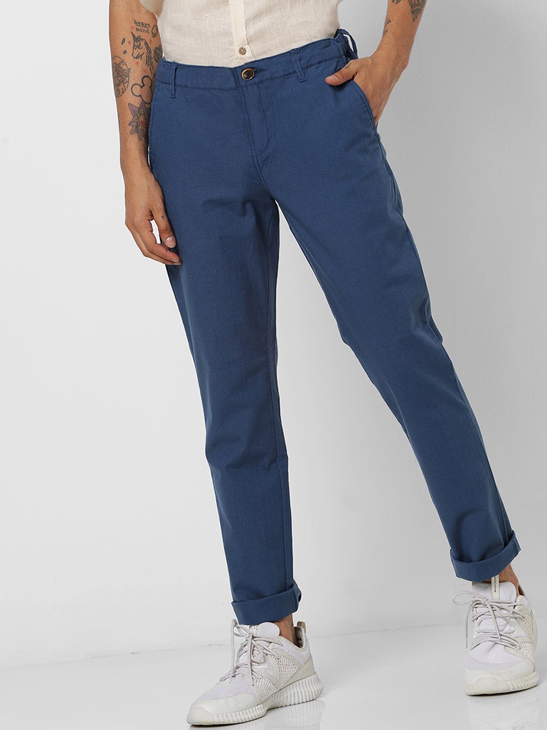 

Red Flame Men Slim Fit Chinos Stretchable Cotton Trousers, Blue