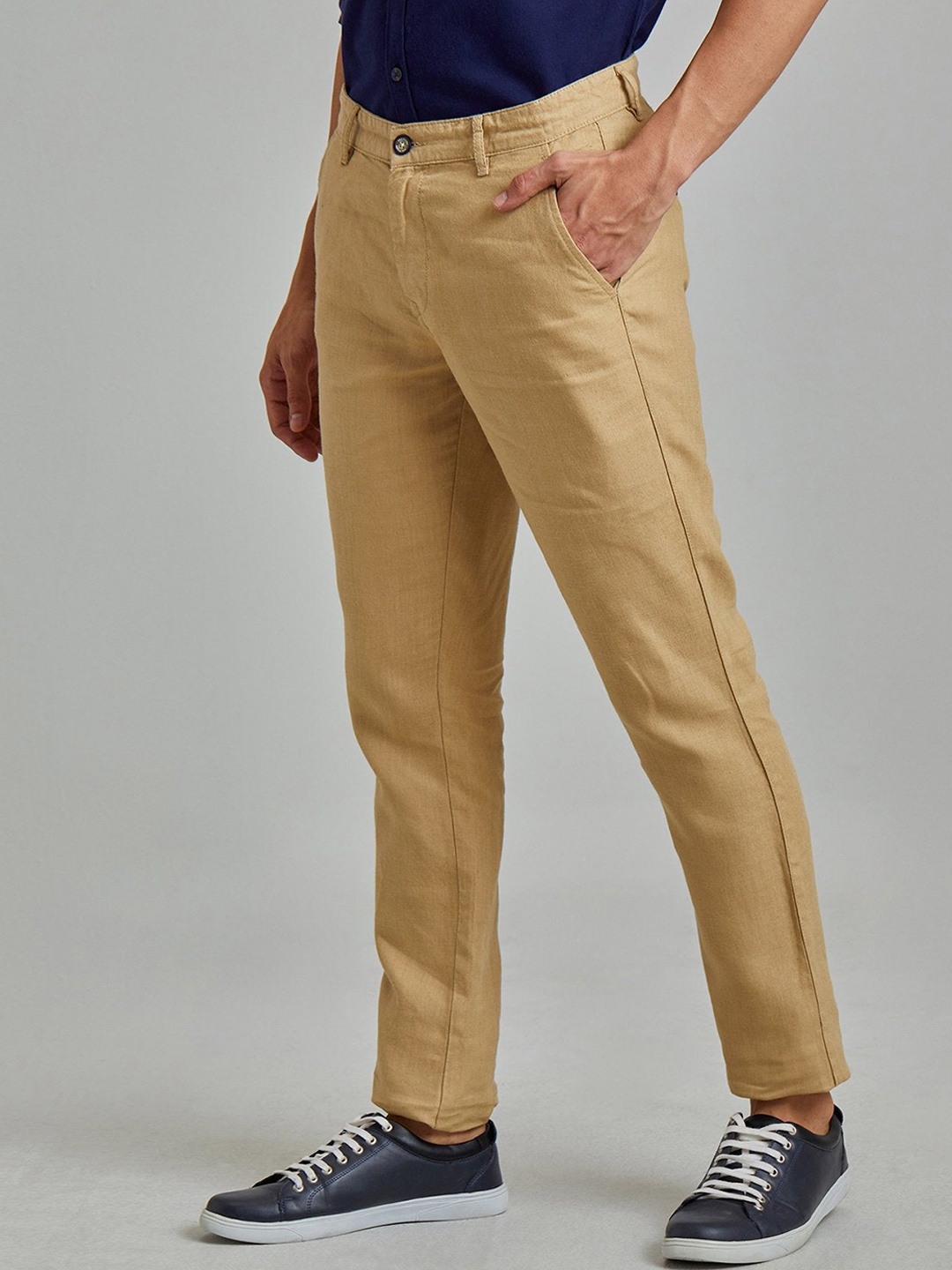 

Red Flame Slim Fit Mid-Rise Linen Trousers, Khaki