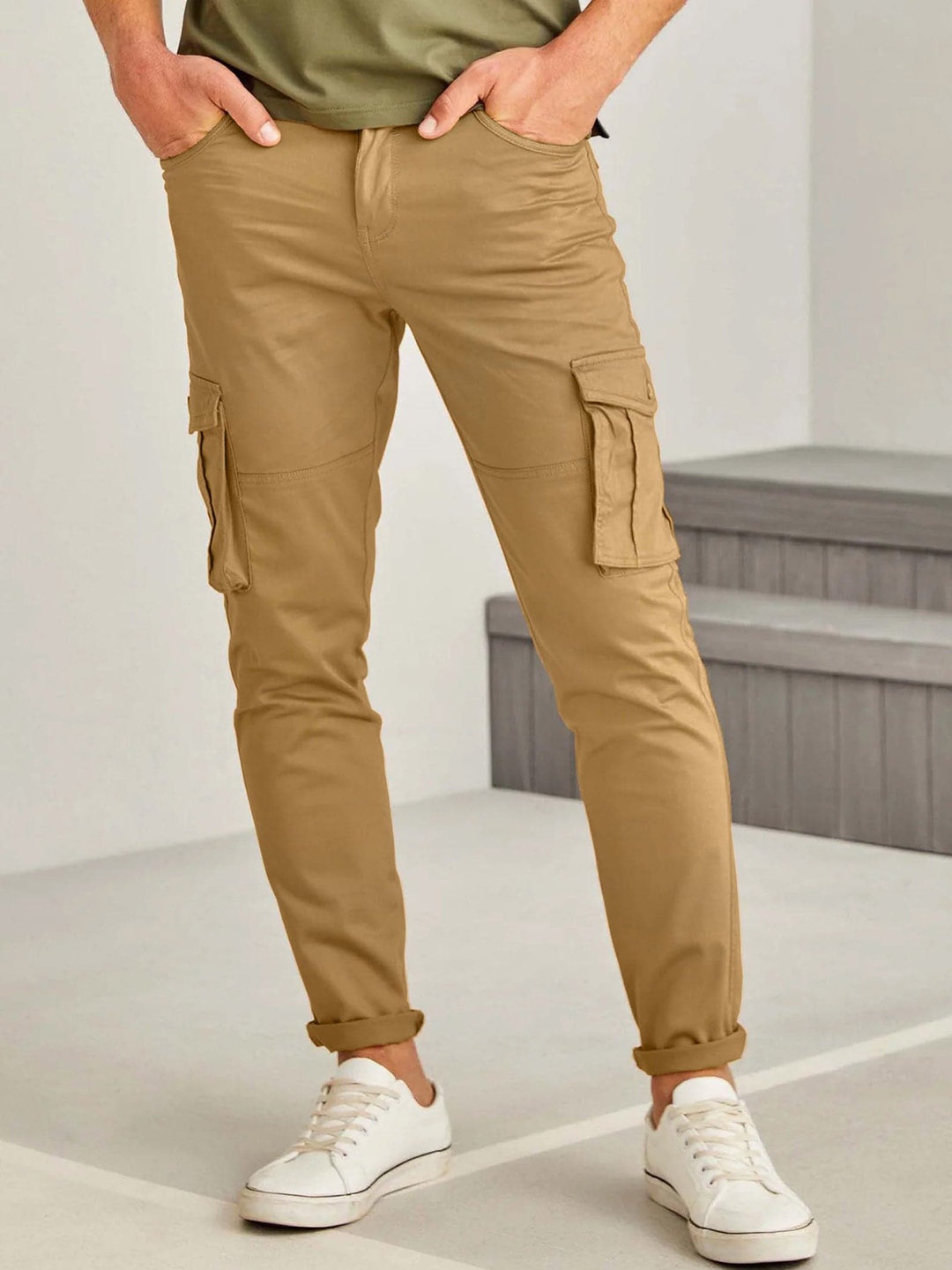 

Red Flame Men Mid-Rise Stretchable Cotton Cargos Trouser, Beige