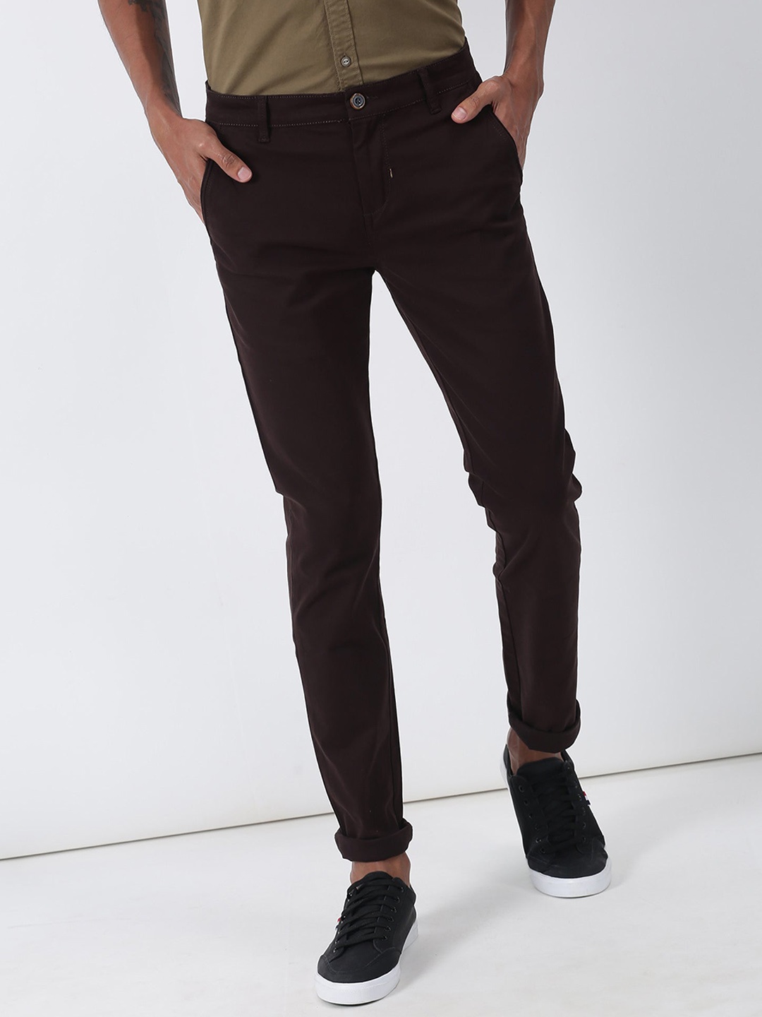 

Red Flame Men Slim Fit Mid-Rise Chinos Cotton Trousers, Brown