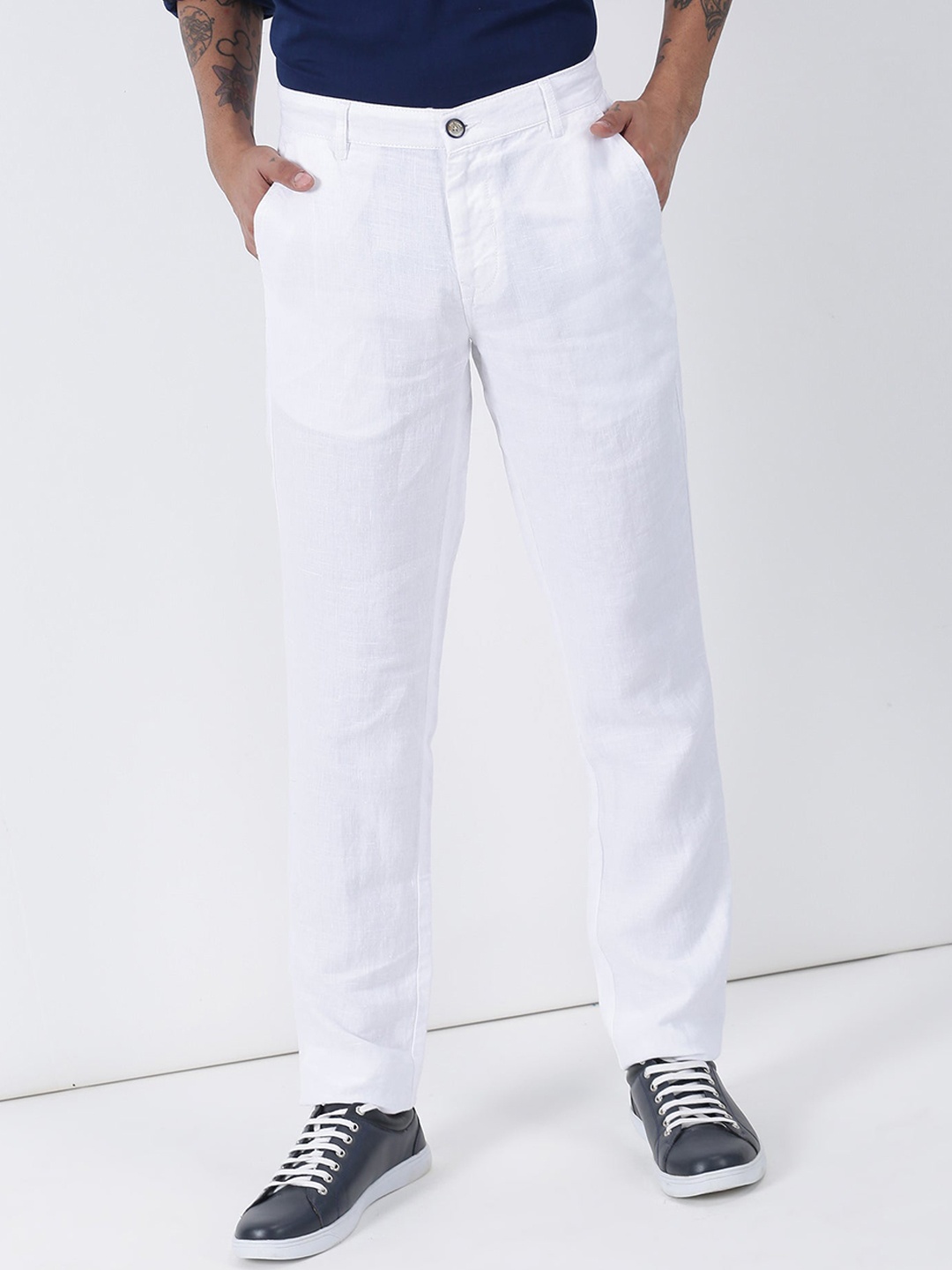

Red Flame Men Slim Fit Mid-Rise Stretchable Linen Casual Trousers, White