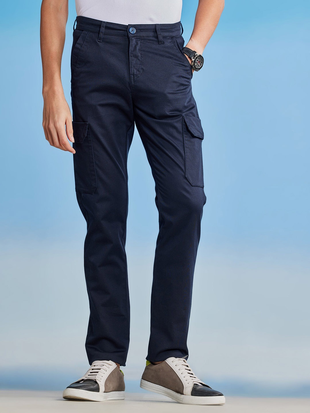 

Red Flame Men Slim Fit Mid rise Stretchable Cargo Trousers, Navy blue