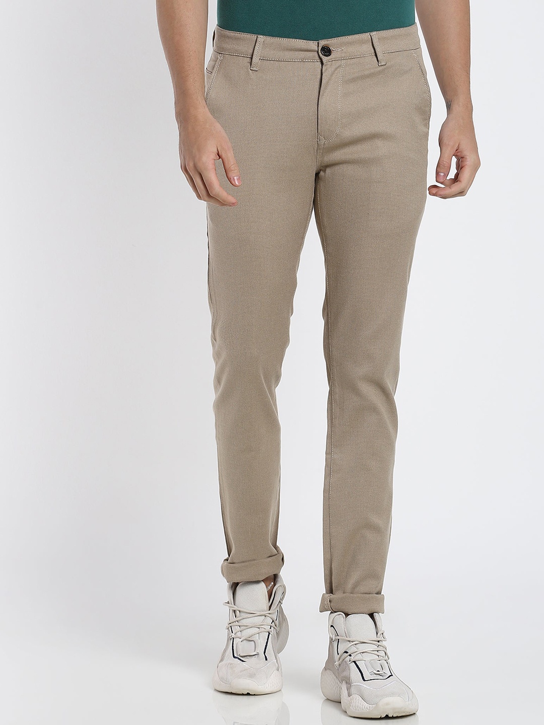 

Red Flame Men Slim Fit Textured Stretchable Mid-Rise Trousers, Beige