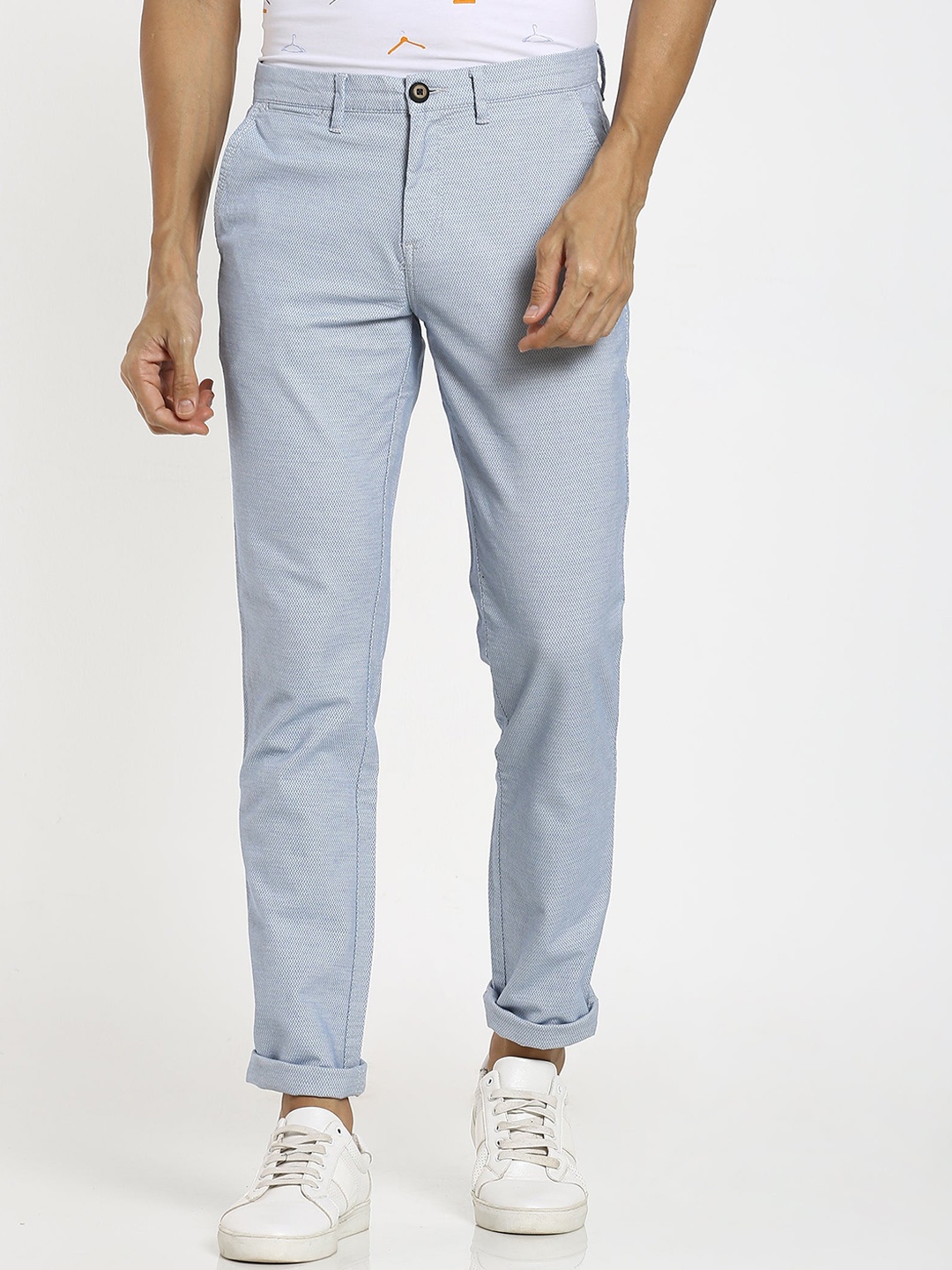 

Red Flame Men Textured Slim Fit Cotton Trousers, Blue