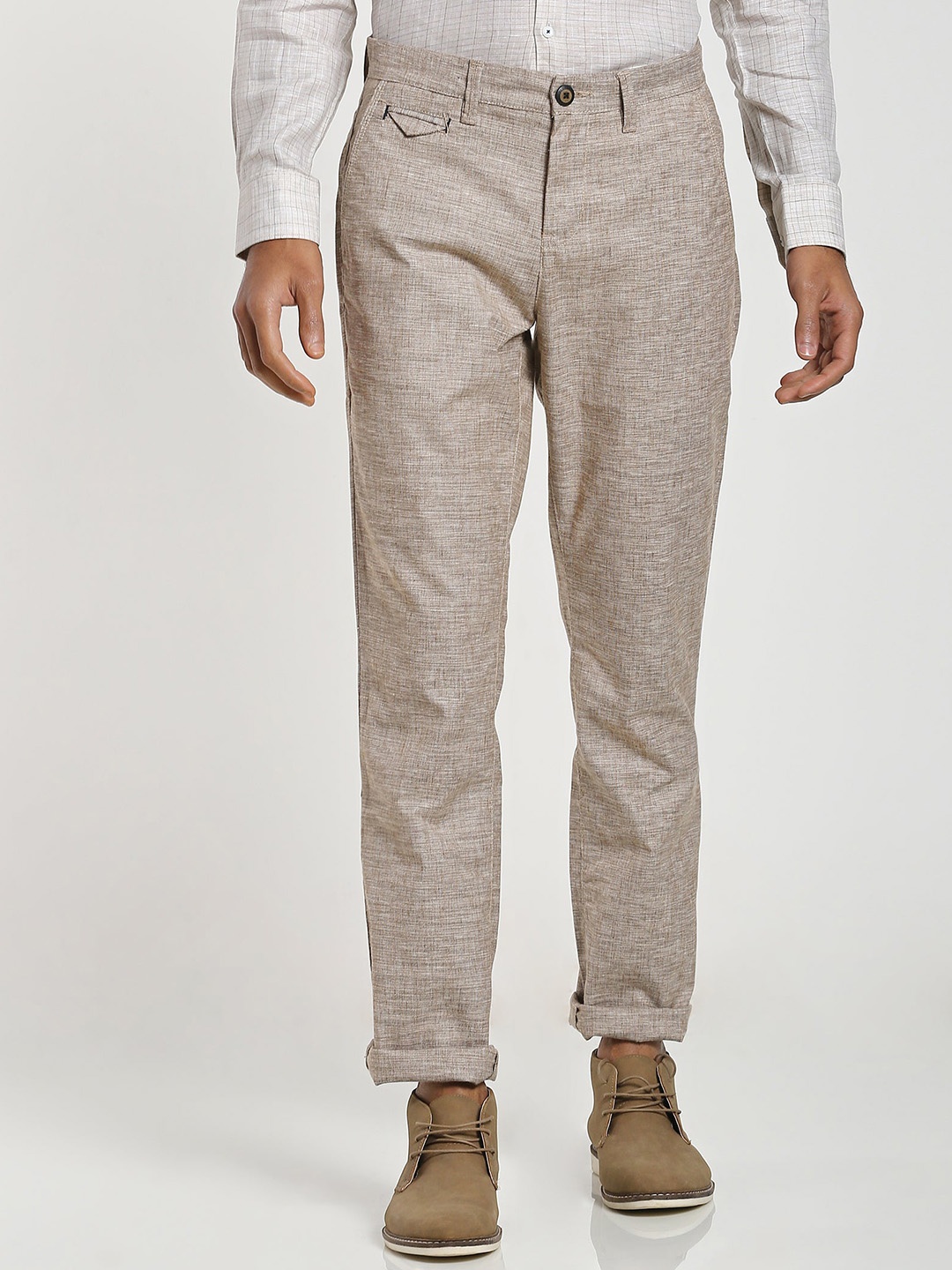 

Red Flame Men Textured Slim Fit Stretchable Cotton Trousers, Khaki
