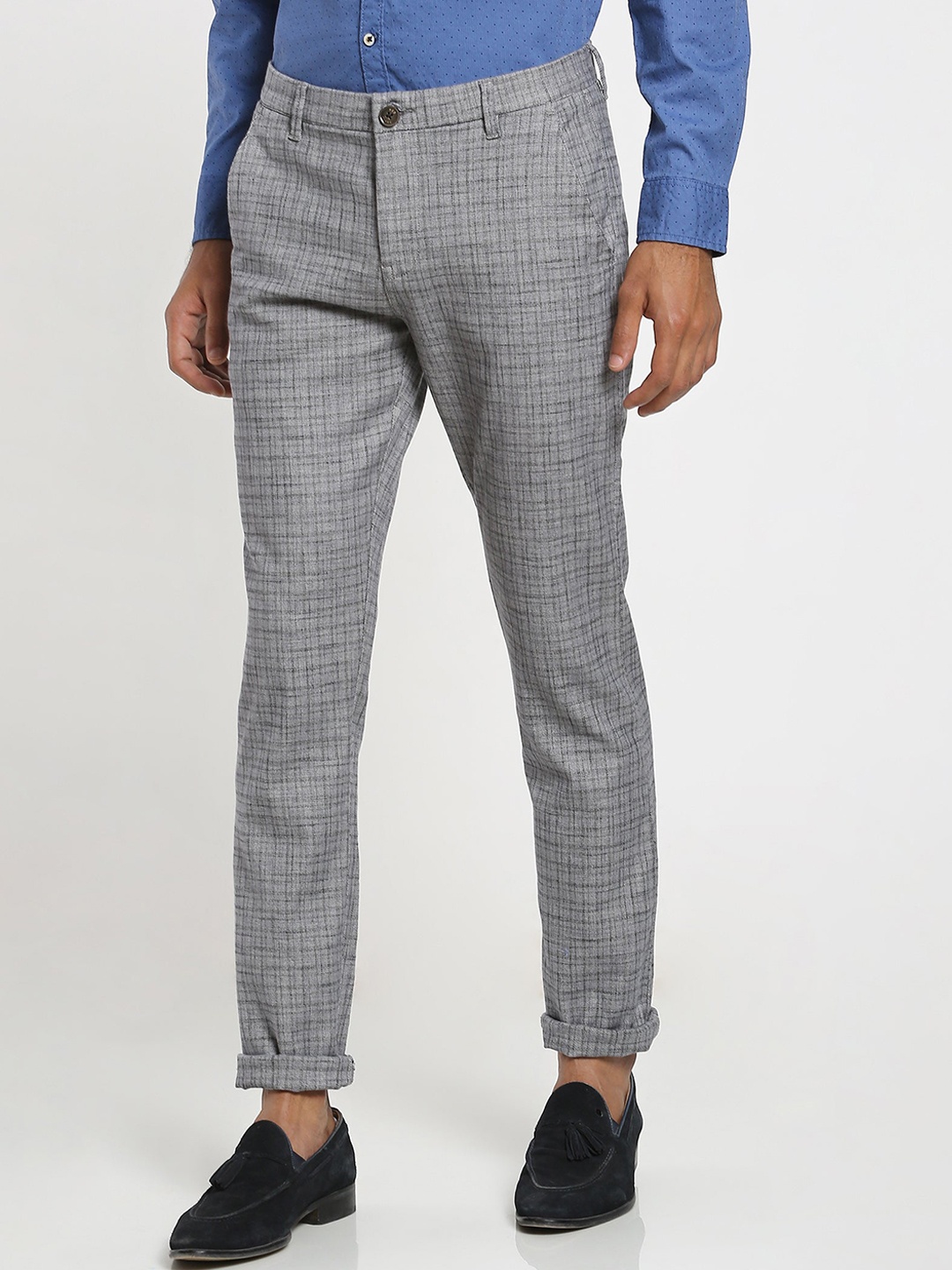 

Red Flame Men Checked Stretchable Slim Fit Chinos Trousers, Grey