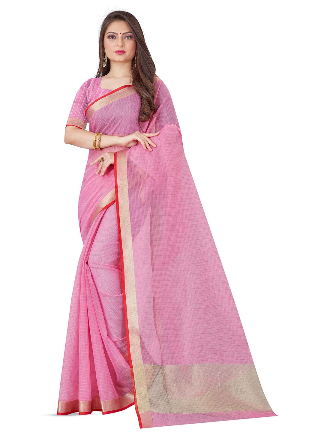 

suyukti creation Checked Zari Kota Saree, Pink