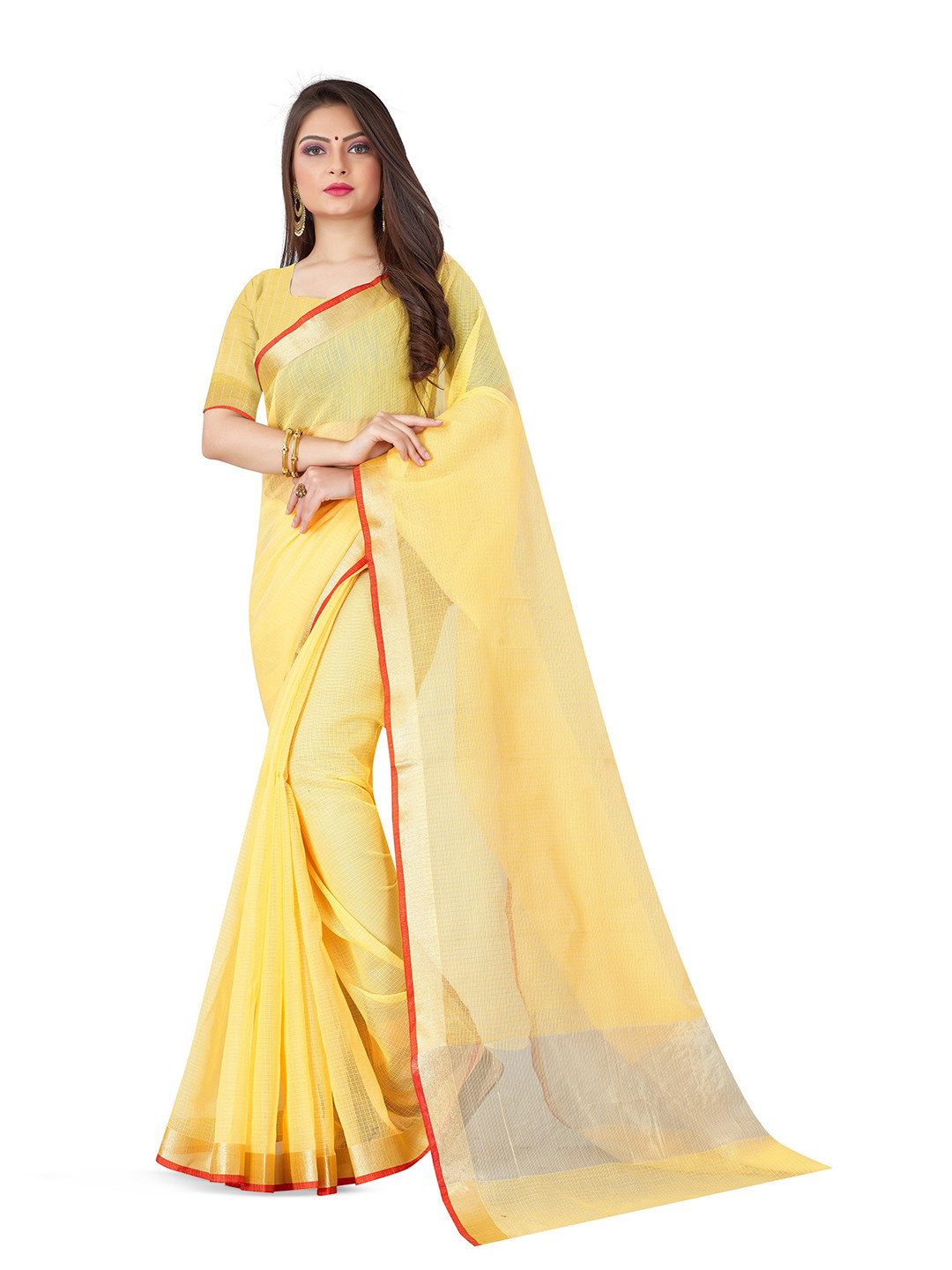

suyukti creation Checked Zari Kota Saree, Yellow