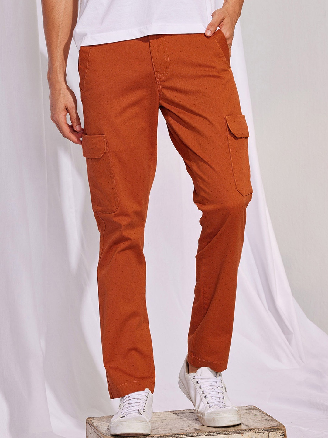 

Red Flame Men Slim Fit Mid Rise Stretchable Cargo Trousers, Orange