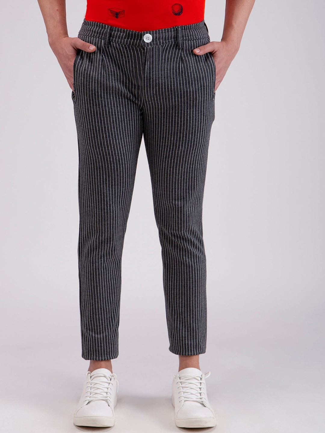 

Red Flame Men Slim Fit Striped Stretchable Mid-Rise Trousers, Grey