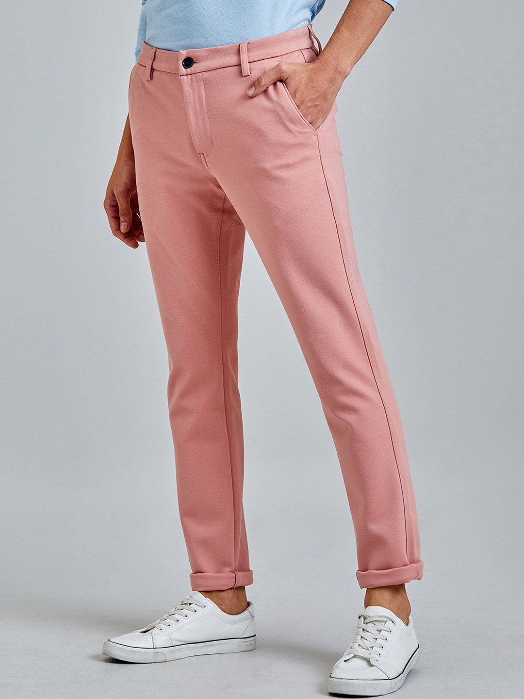 

Red Flame Men Slim Fit Mid Rise Stretchable Chinos Trousers, Pink