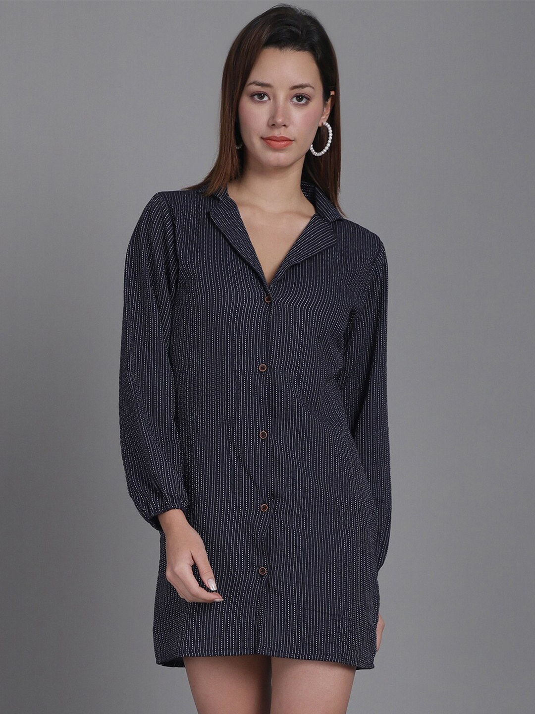 

Enchanted Drapes Cotton Striped Print Shirt Mini Dress, Navy blue